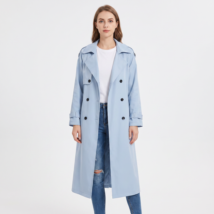 Women's Long Trench Coat Double-Breasted Belted Oversized Lapel Jacket