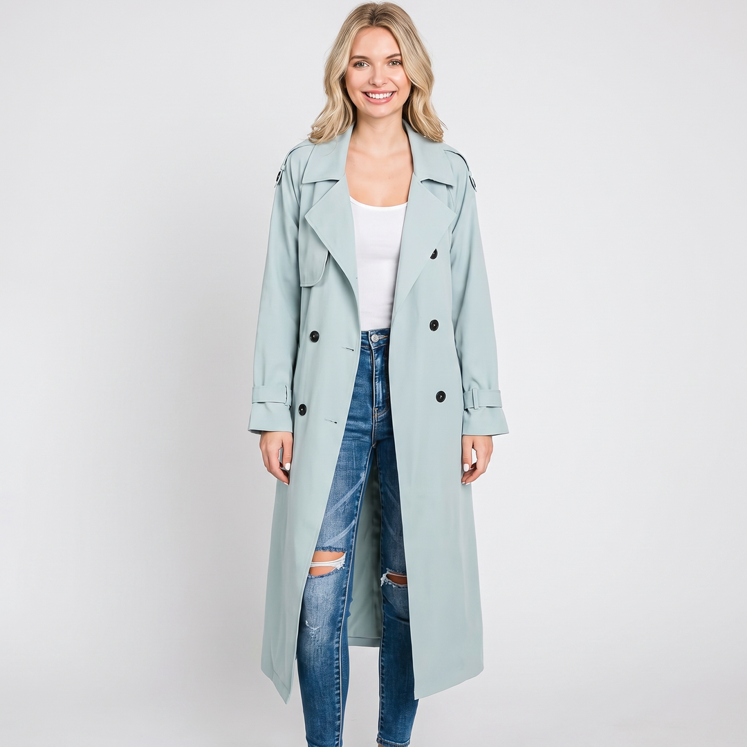 Women's Long Trench Coat Double-Breasted Belted Oversized Lapel Jacket