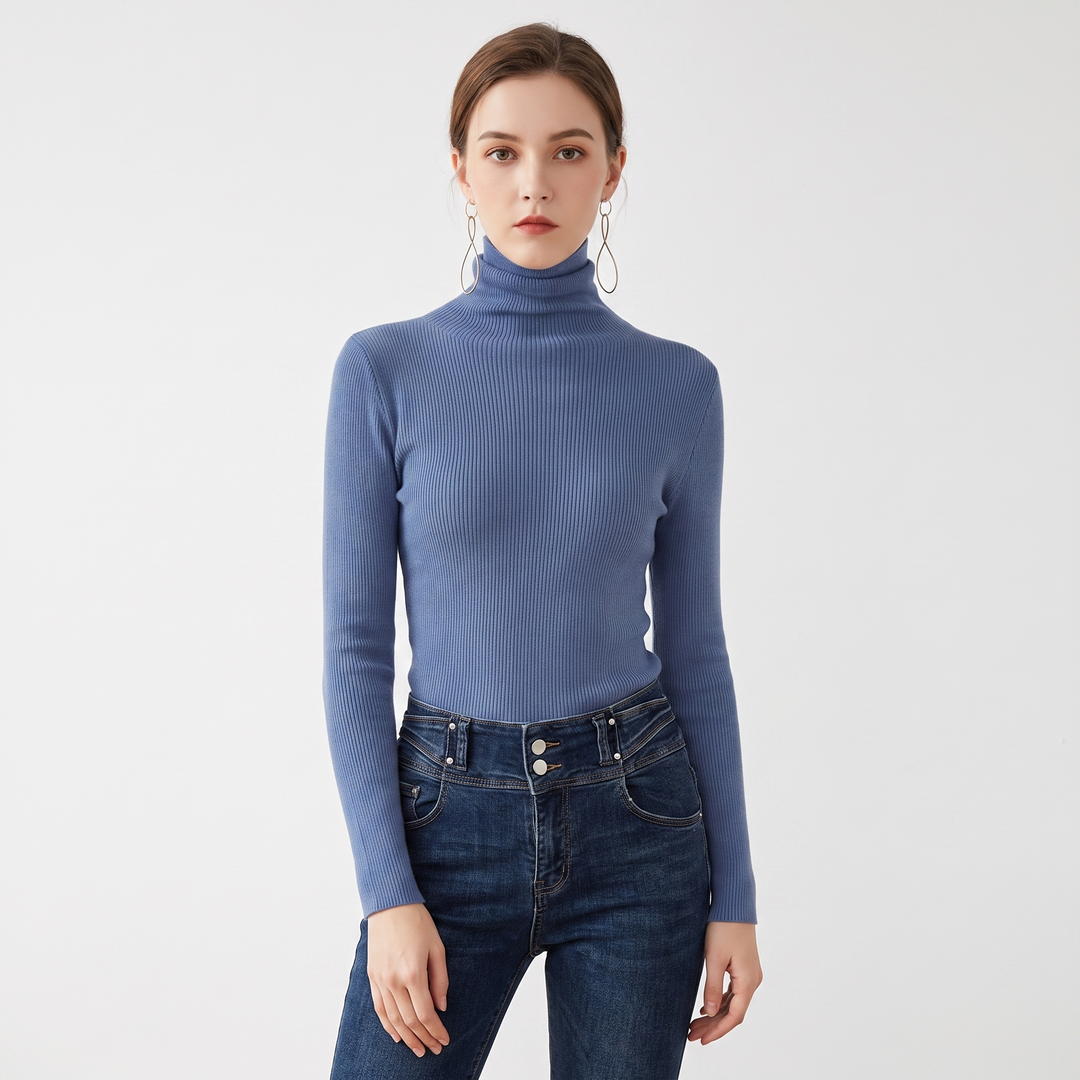 Women's Turtleneck Ribbed Knit Sweater Slim-Fit Long Sleeve Pullover