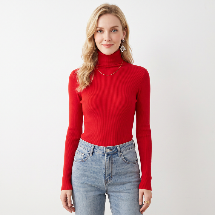 Women's Turtleneck Ribbed Knit Sweater Slim-Fit Long Sleeve Pullover