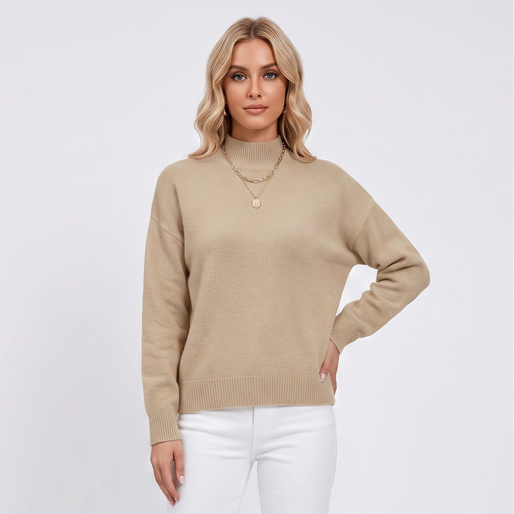 Women's Mock Neck Sweater Soft Knit Long Sleeve Relaxed-Fit Pullover