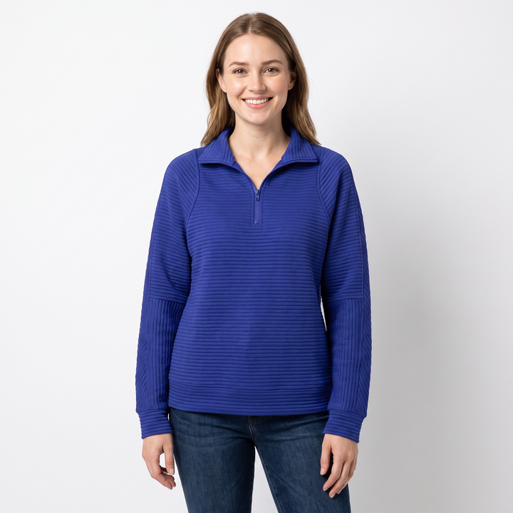 Women's Quarter-Zip Sweatshirt Textured Rib Knit Stand Collar Pullover