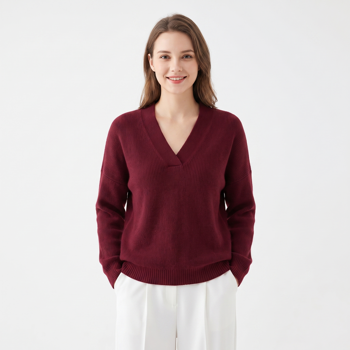 Women's Deep V-Neck Sweater Relaxed-Fit Long Sleeve Knit Pullover