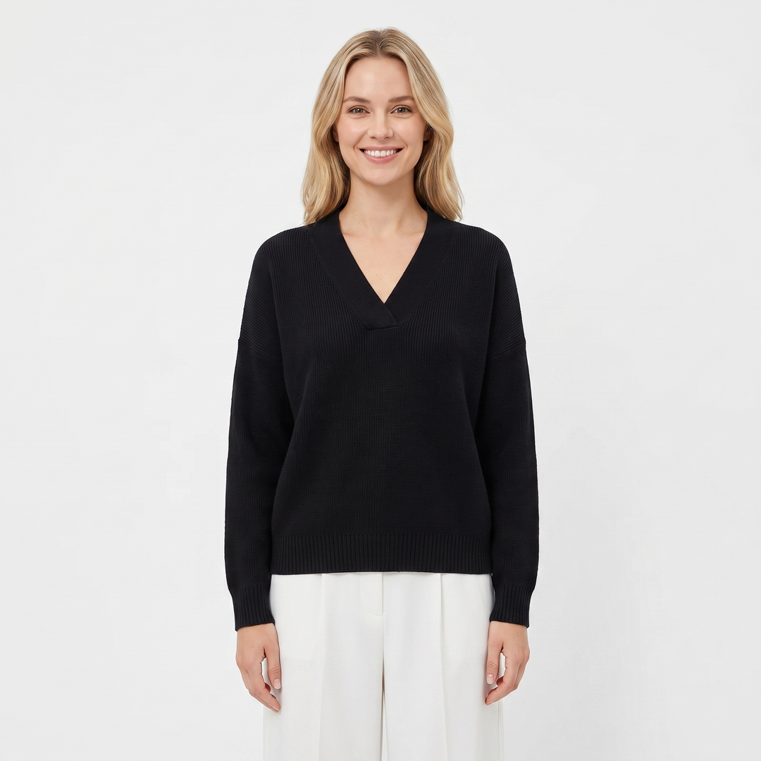 Women's Deep V-Neck Sweater Relaxed-Fit Long Sleeve Knit Pullover