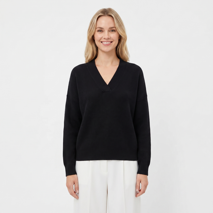 Women's Deep V-Neck Sweater Relaxed-Fit Long Sleeve Knit Pullover