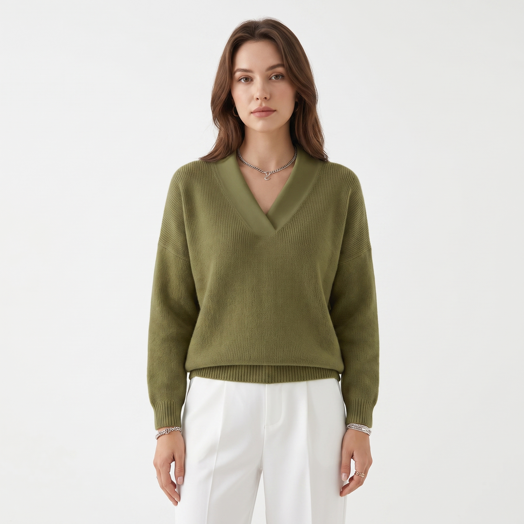 Women's Deep V-Neck Sweater Relaxed-Fit Long Sleeve Knit Pullover