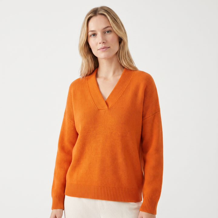 Women's Deep V-Neck Sweater Relaxed-Fit Long Sleeve Knit Pullover