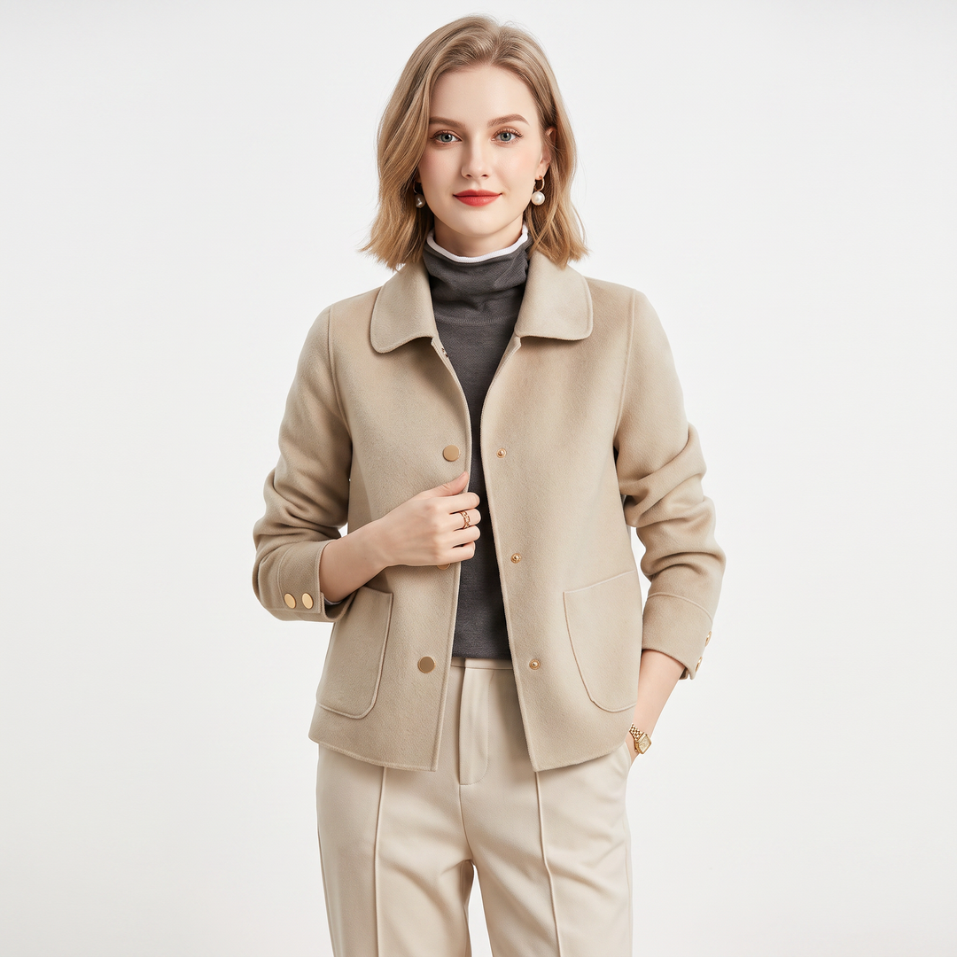 Women's Cropped Wool Blend Jacket Button-Front Notched Lapel Coat