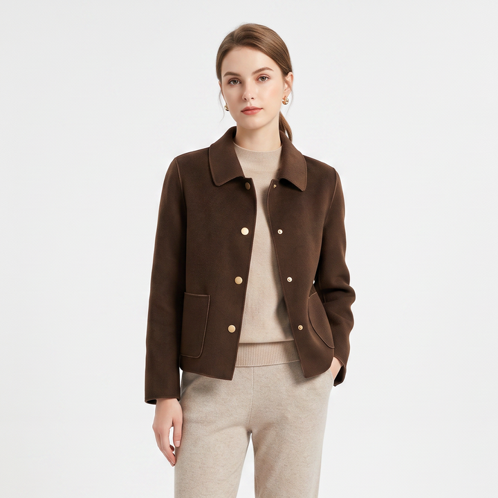 Women's Cropped Wool Blend Jacket Button-Front Notched Lapel Coat