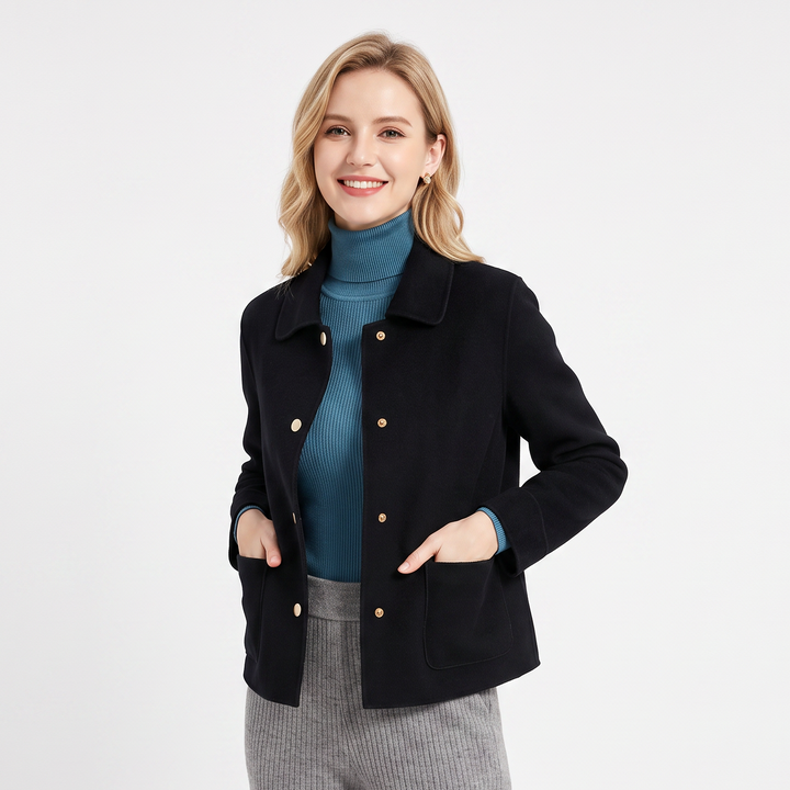 Women's Cropped Wool Blend Jacket Button-Front Notched Lapel Coat