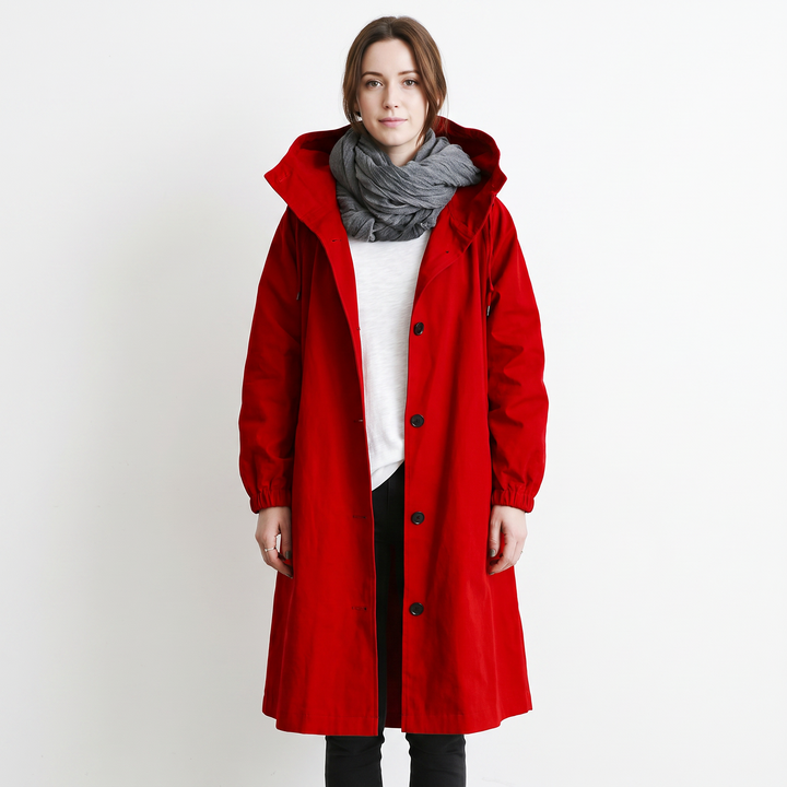 Women's Long Hooded Trench Coat Oversized Button-Front Casual Jacket
