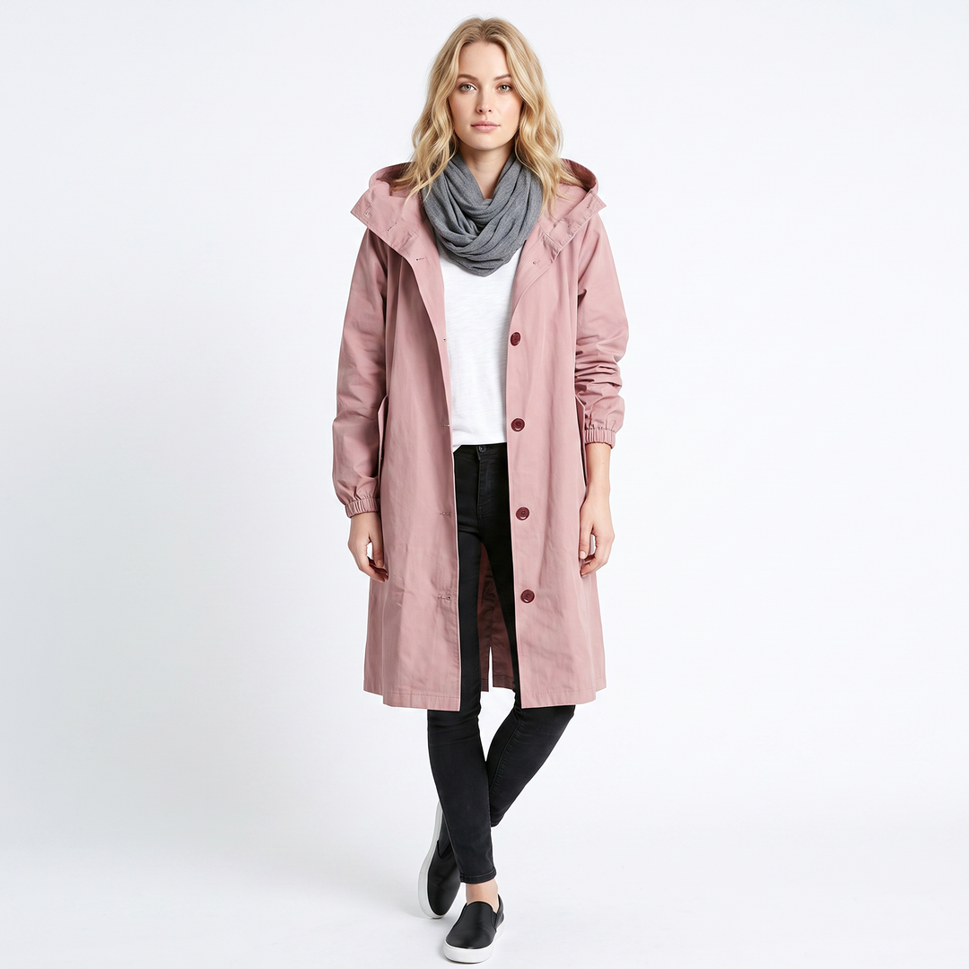 Women's Long Hooded Trench Coat Oversized Button-Front Casual Jacket