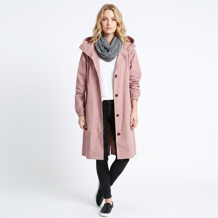 Women's Long Hooded Trench Coat Oversized Button-Front Casual Jacket