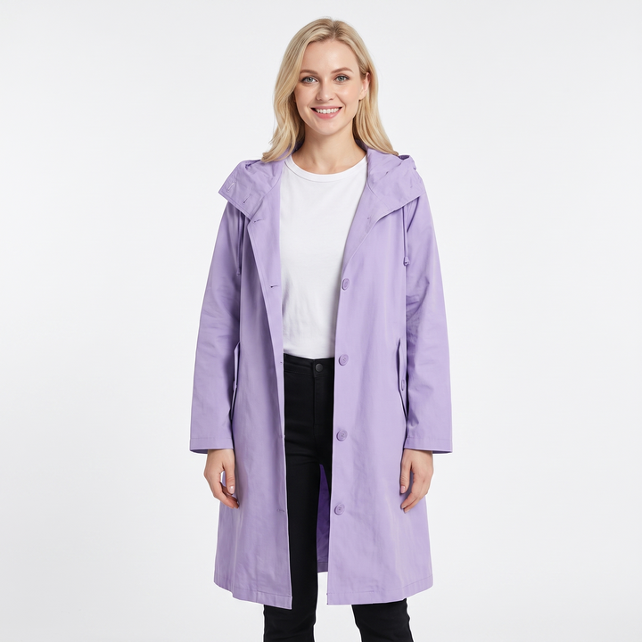 Women's Long Hooded Trench Coat Oversized Button-Front Casual Jacket