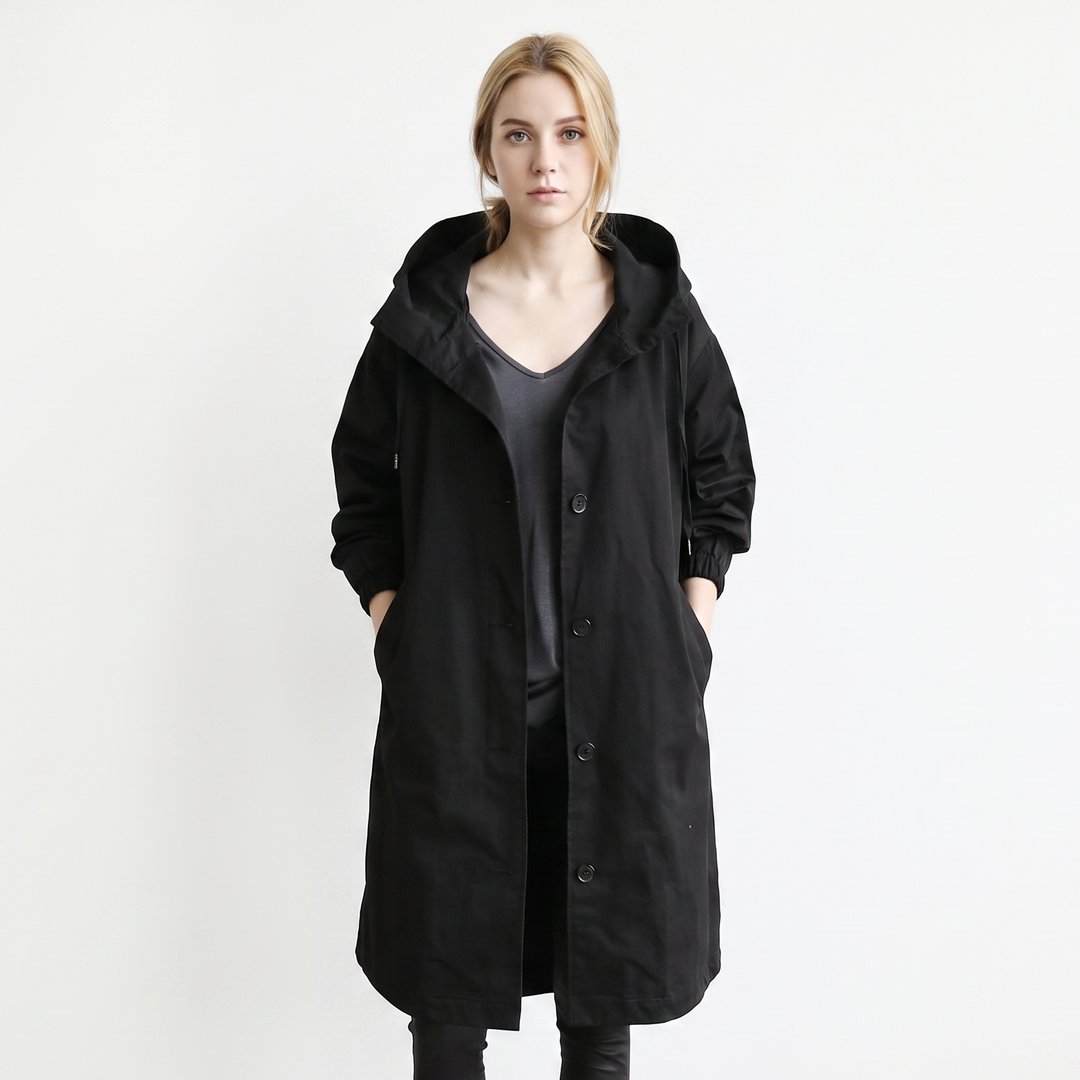 Women's Long Hooded Trench Coat Oversized Button-Front Casual Jacket