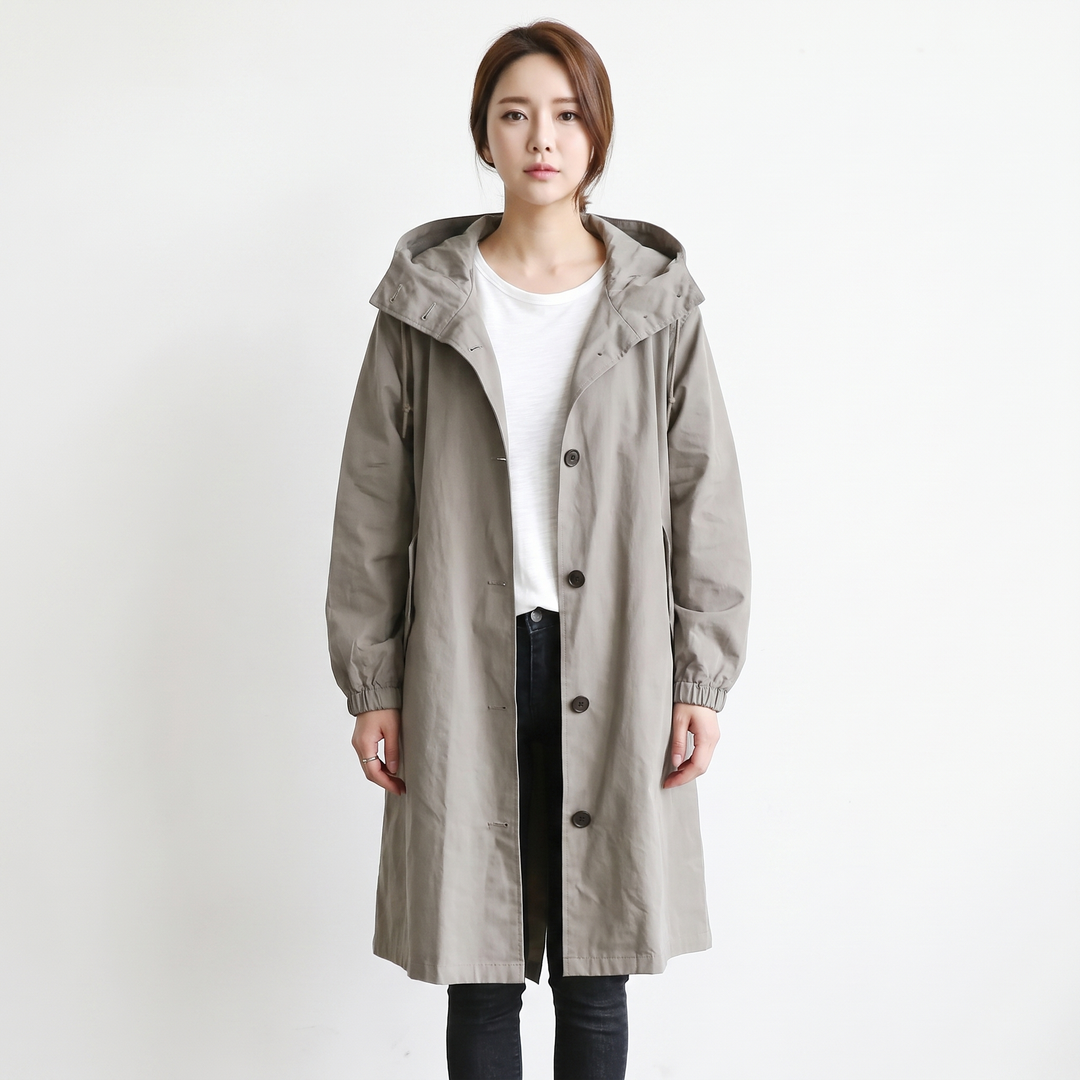 Women's Long Hooded Trench Coat Oversized Button-Front Casual Jacket