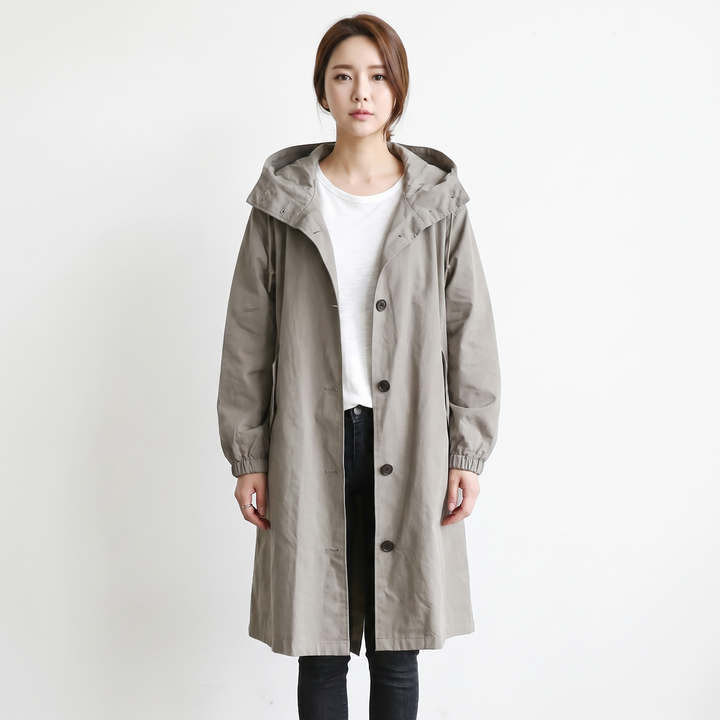 Women's Long Hooded Trench Coat Oversized Button-Front Casual Jacket