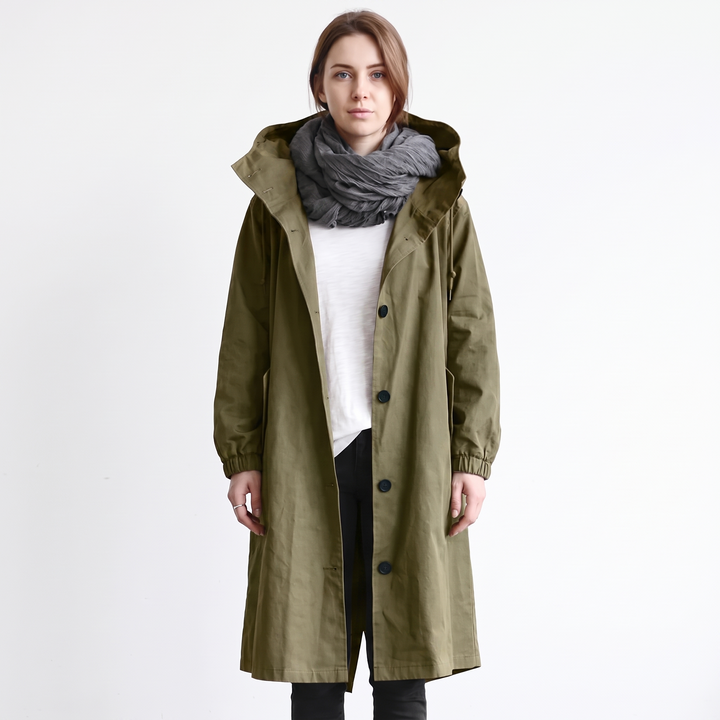 Women's Long Hooded Trench Coat Oversized Button-Front Casual Jacket