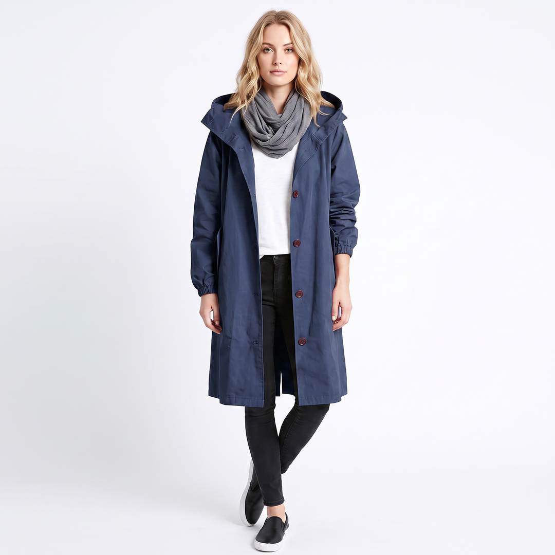 Women's Long Hooded Trench Coat Oversized Button-Front Casual Jacket