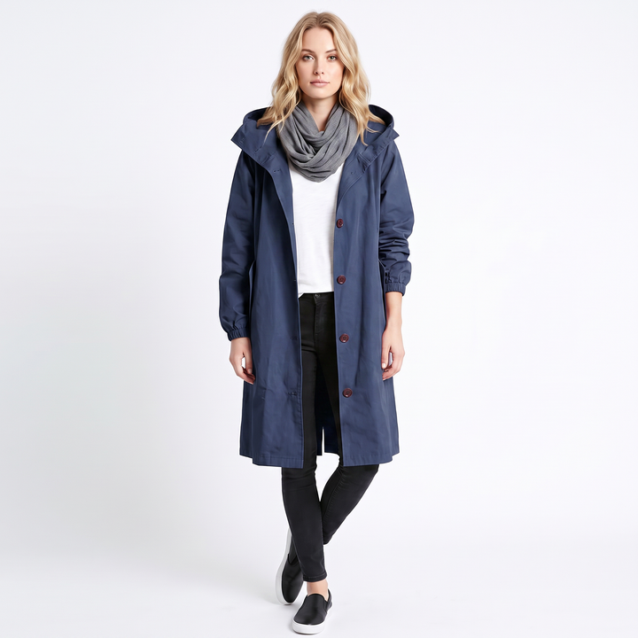 Women's Long Hooded Trench Coat Oversized Button-Front Casual Jacket
