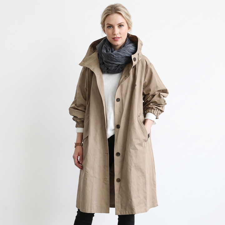Women's Long Hooded Trench Coat Oversized Button-Front Casual Jacket
