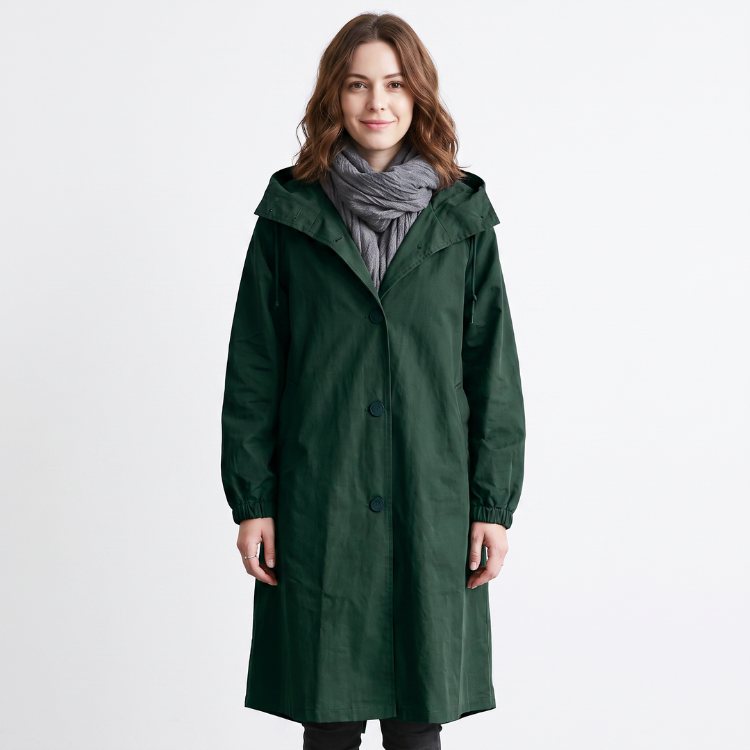 Women's Long Hooded Trench Coat Oversized Button-Front Casual Jacket