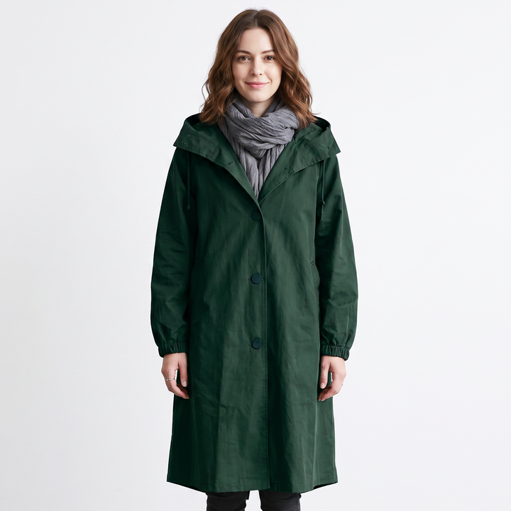 Women's Long Hooded Trench Coat Oversized Button-Front Casual Jacket