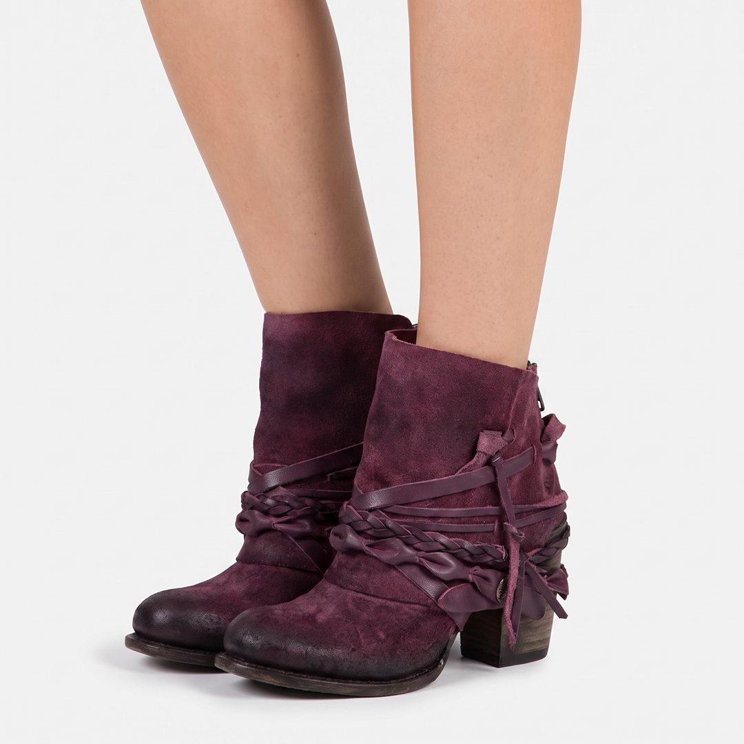Women's Ankle Boots Braided Strap Block Heel Vintage Leather Booties