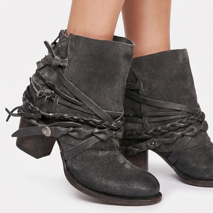 Women's Ankle Boots Braided Strap Block Heel Vintage Leather Booties