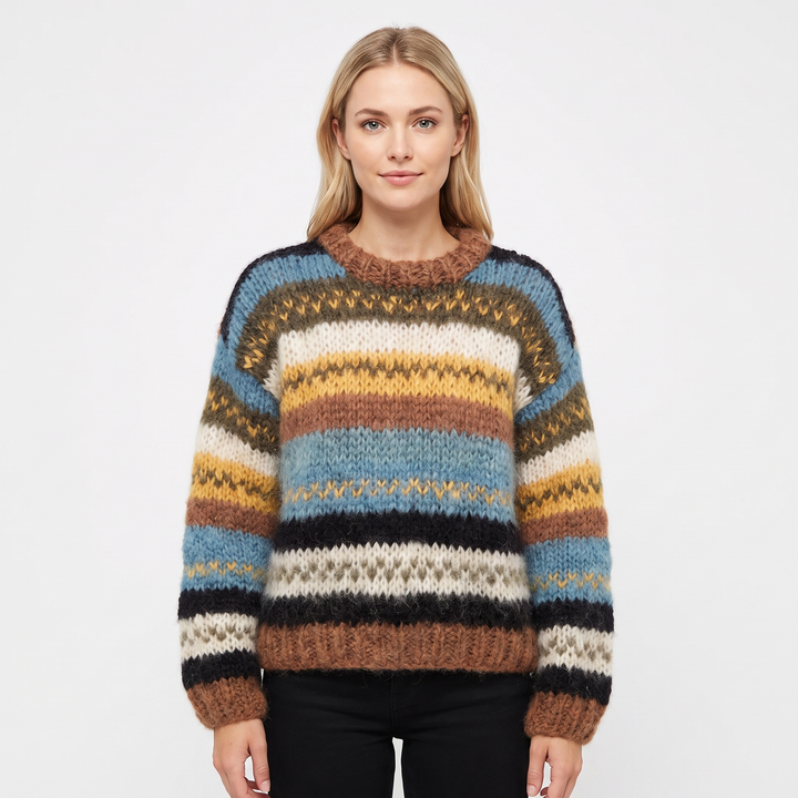 Women's Striped Knit Sweater Oversized Chunky Crew Neck Jumper