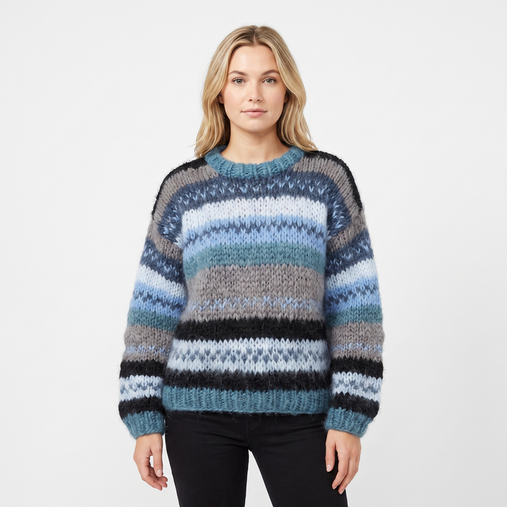 Women's Striped Knit Sweater Oversized Chunky Crew Neck Jumper