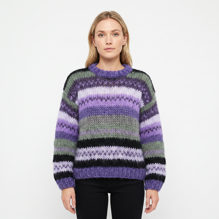 Women's Striped Knit Sweater Oversized Chunky Crew Neck Jumper