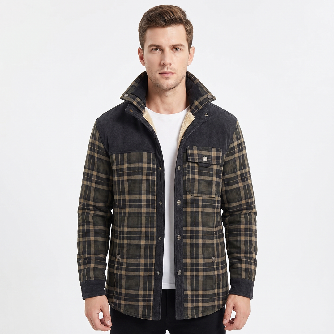 Men's Plaid Fleece-Lined Jacket Sherpa Lined Flannel Shirt Coat