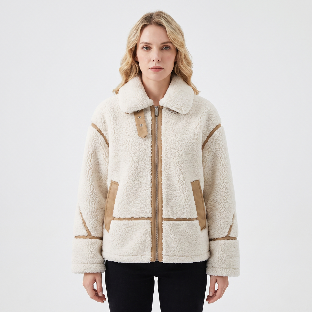 Women's Teddy Fleece Jacket Faux Shearling Zip-Up Coat With Trim