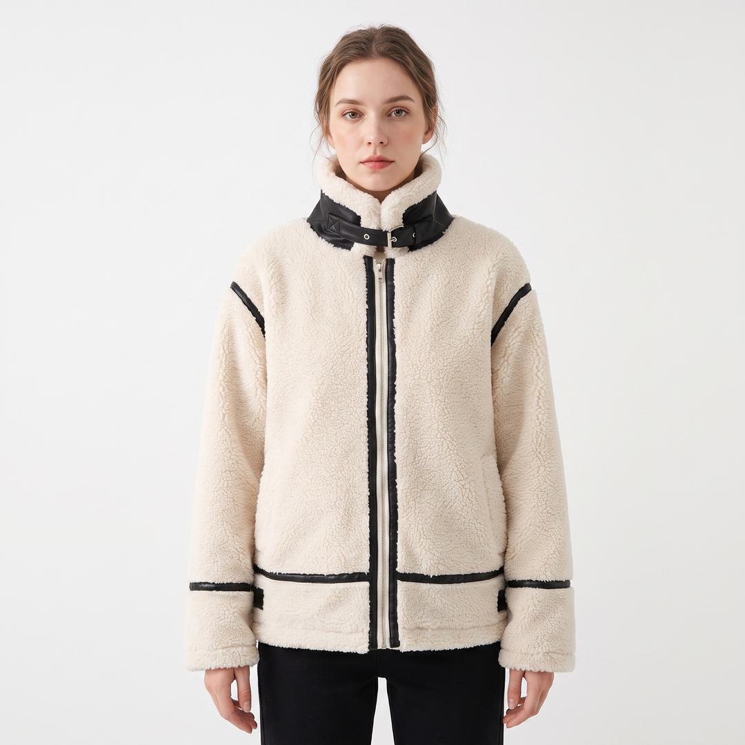 Women's Teddy Fleece Jacket Faux Shearling Zip-Up Coat With Trim