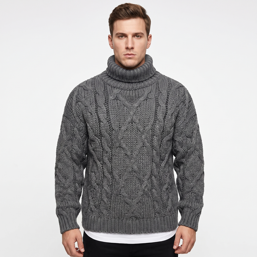 Men's Cable Knit Turtleneck Sweater Chunky Oversized Pullover