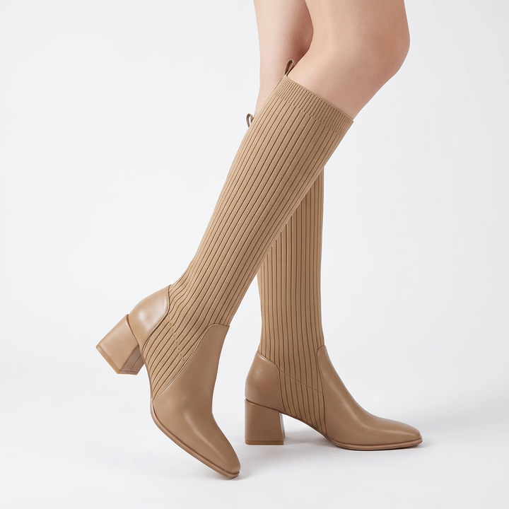 Women's Knee High Sock Boots Block Heel Ribbed Knit Pointed Toe