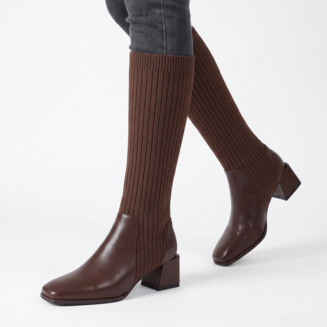 Women's Knee High Sock Boots Block Heel Ribbed Knit Pointed Toe