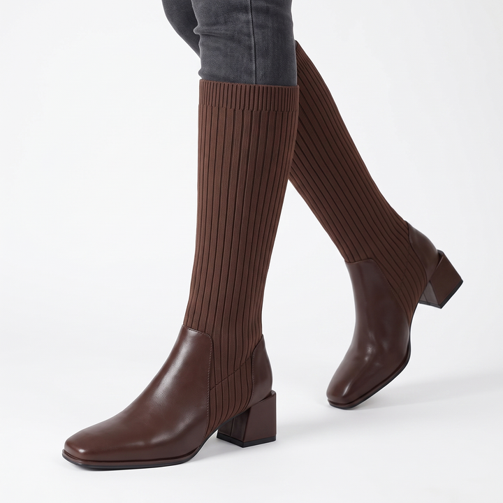 Women's Knee High Sock Boots Block Heel Ribbed Knit Pointed Toe