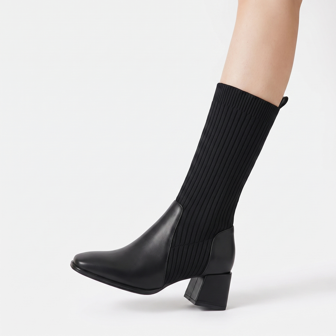 Women's Knee High Sock Boots Block Heel Ribbed Knit Pointed Toe