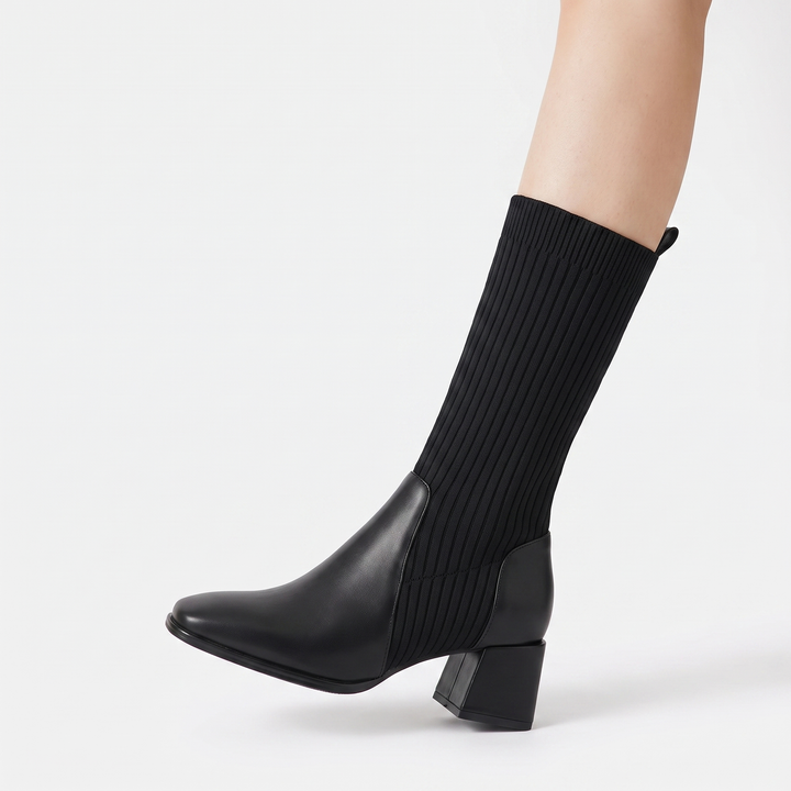 Women's Knee High Sock Boots Block Heel Ribbed Knit Pointed Toe