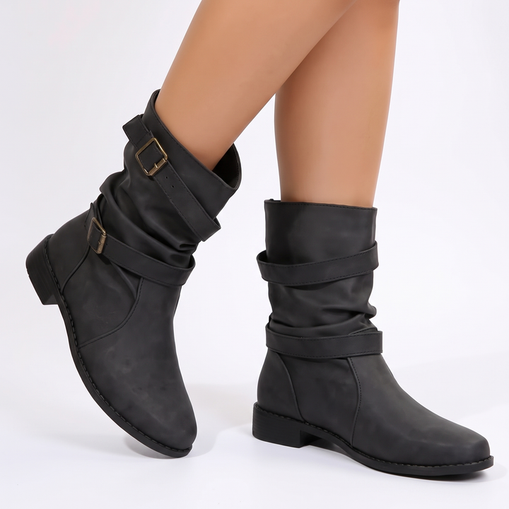 Women's Slouchy Buckle Boots Mid Calf Faux Leather Block Heel