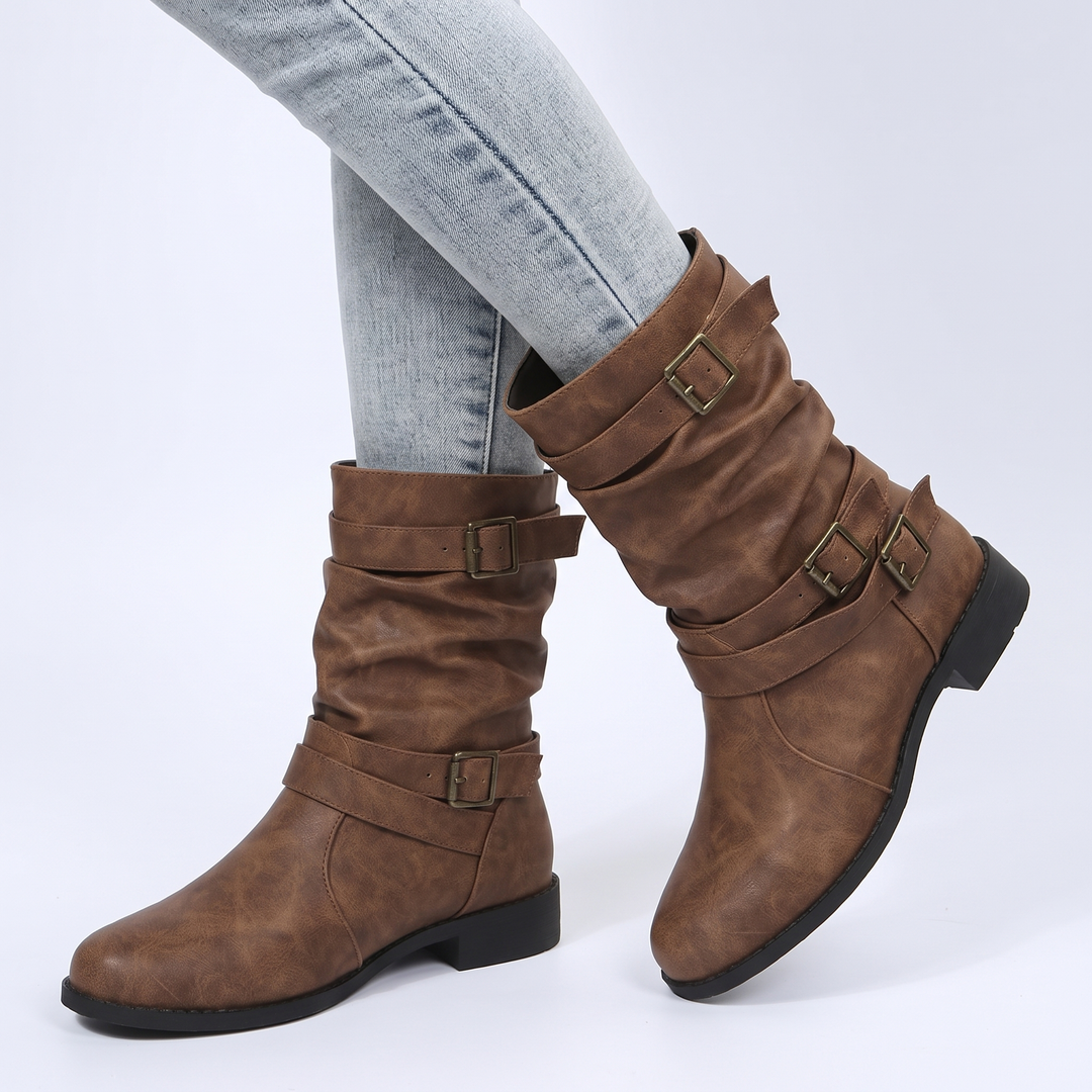 Women's Slouchy Buckle Boots Mid Calf Faux Leather Block Heel