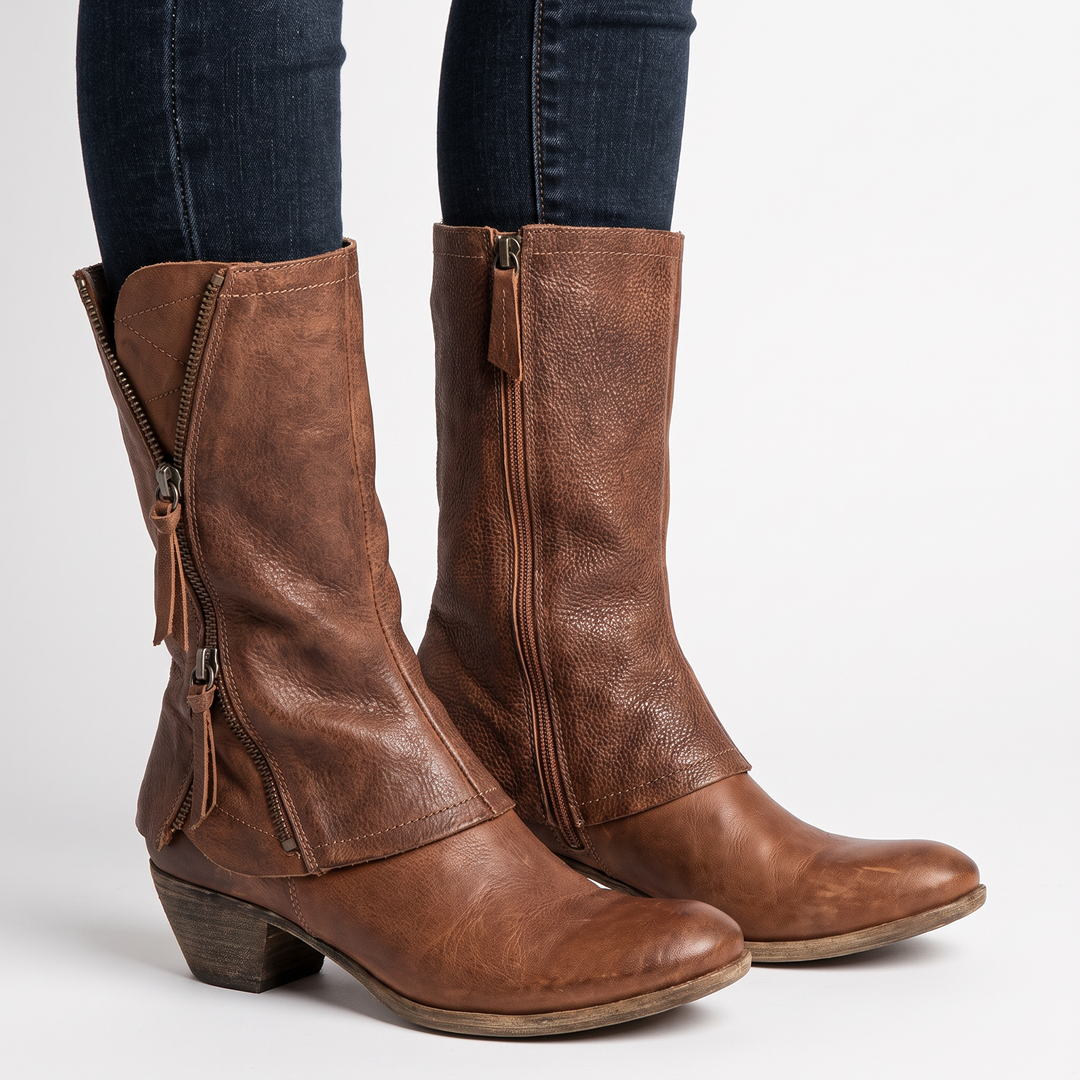 Women's Leather Mid Calf Boots Zip Front Block Heel Vintage Boots