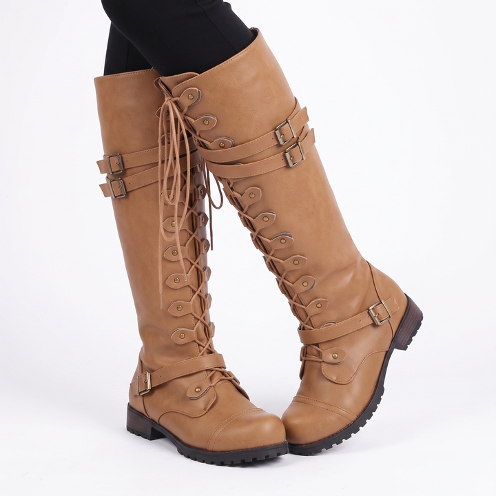 Women's Lace Up Knee High Boots Buckle Combat Riding Boots