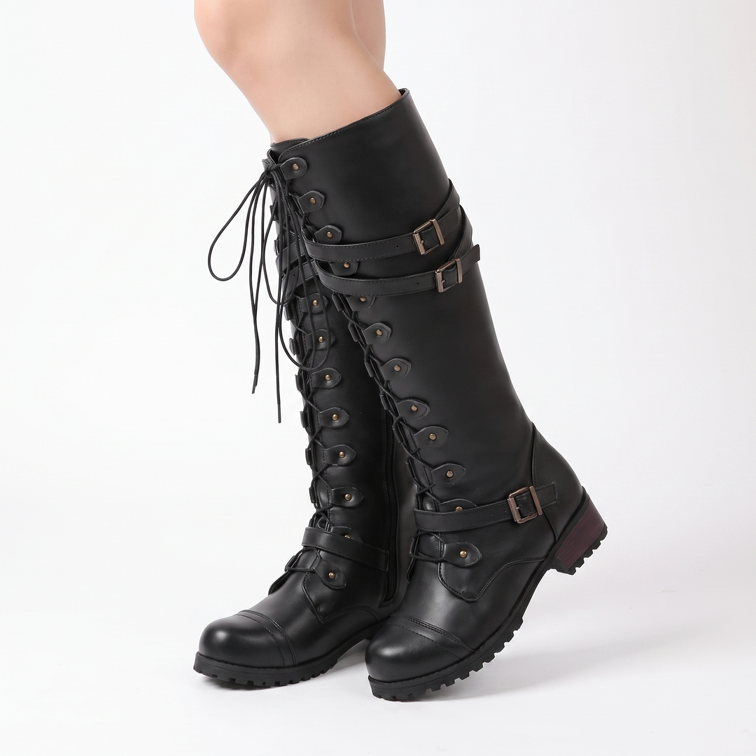 Women's Lace Up Knee High Boots Buckle Combat Riding Boots