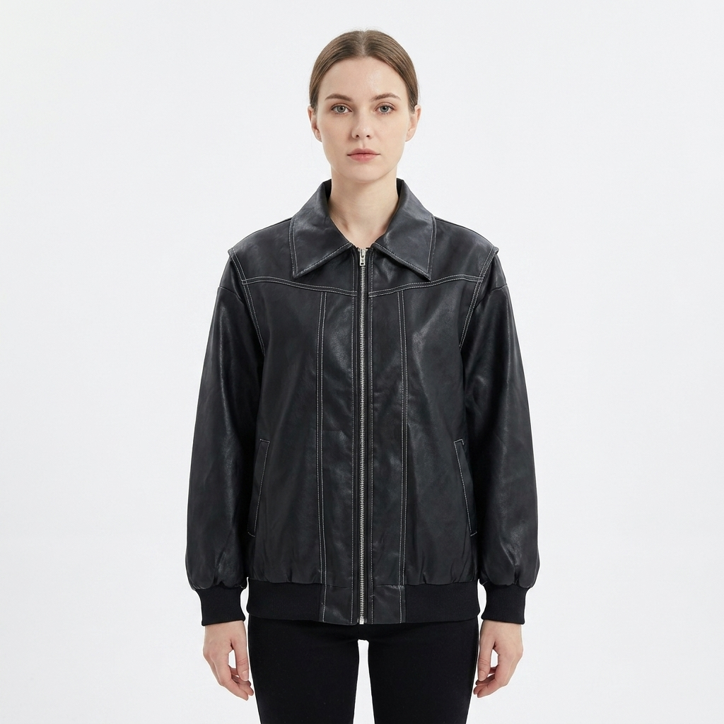 Women's Faux Leather Jacket Oversized Zip-Up Ribbed Cuff