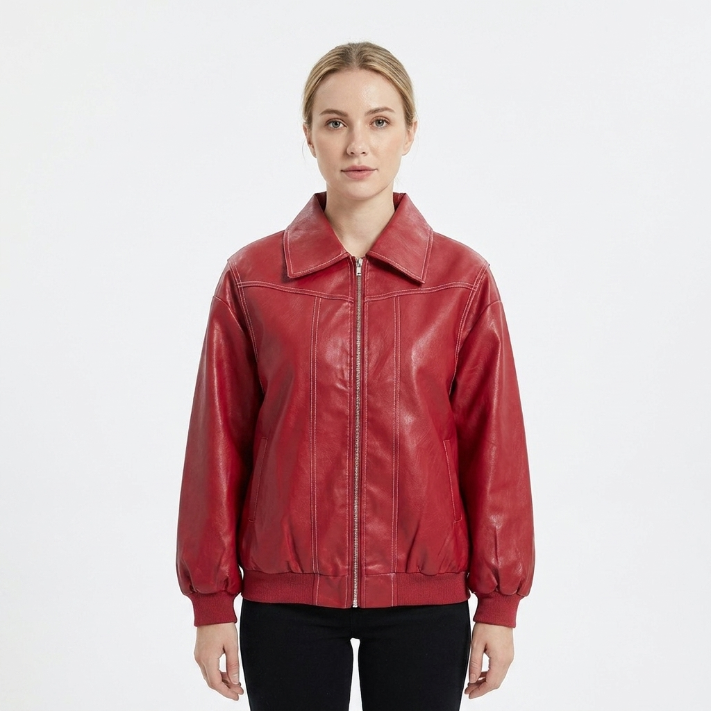 Women's Faux Leather Jacket Oversized Zip-Up Ribbed Cuff