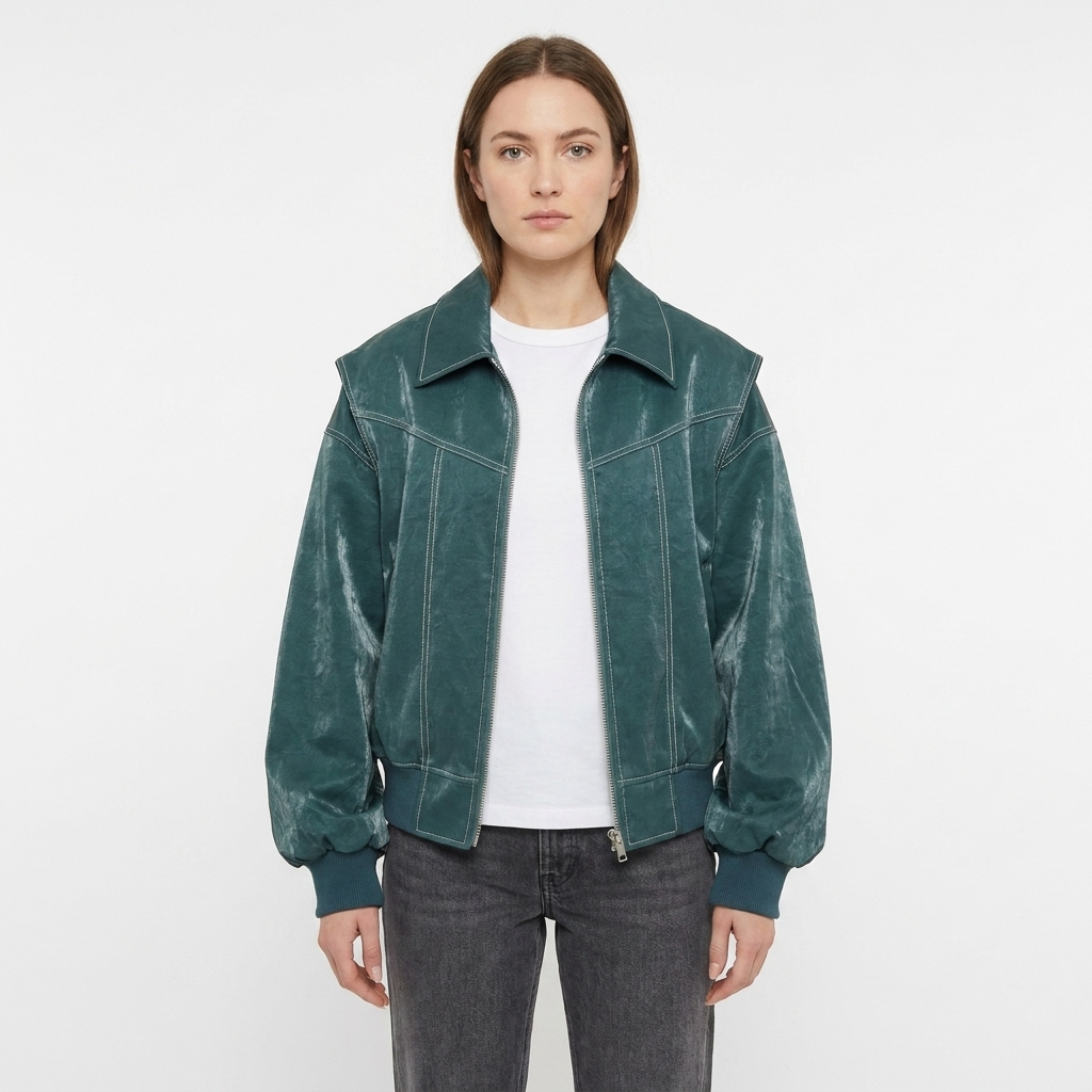 Women's Faux Leather Jacket Oversized Zip-Up Ribbed Cuff
