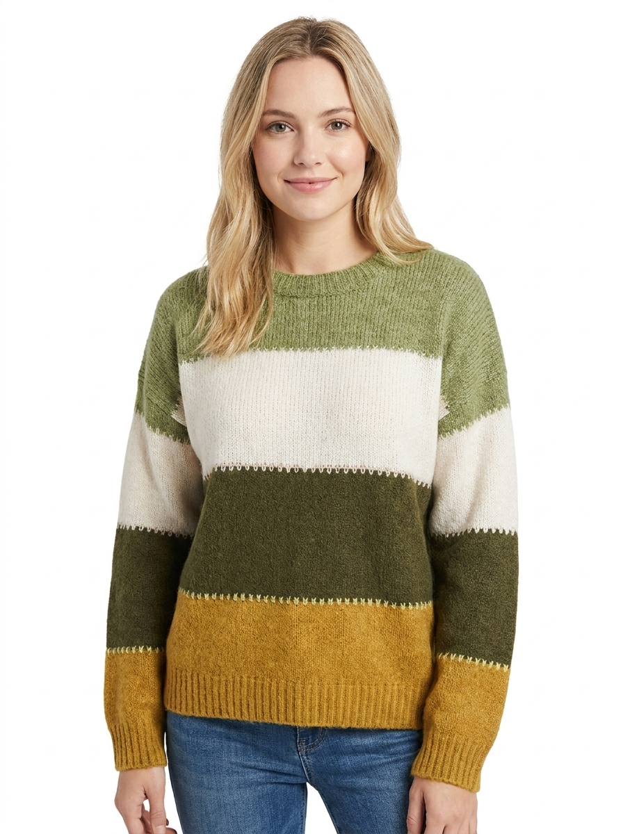 Women's Color-Block Sweater Crew Neck Long Sleeve Knit Pullover